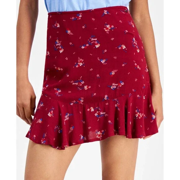 Tommy Hilfiger Jeans Mini Skirt Women M Red Floral Flounce Hem High Rise FTS1145